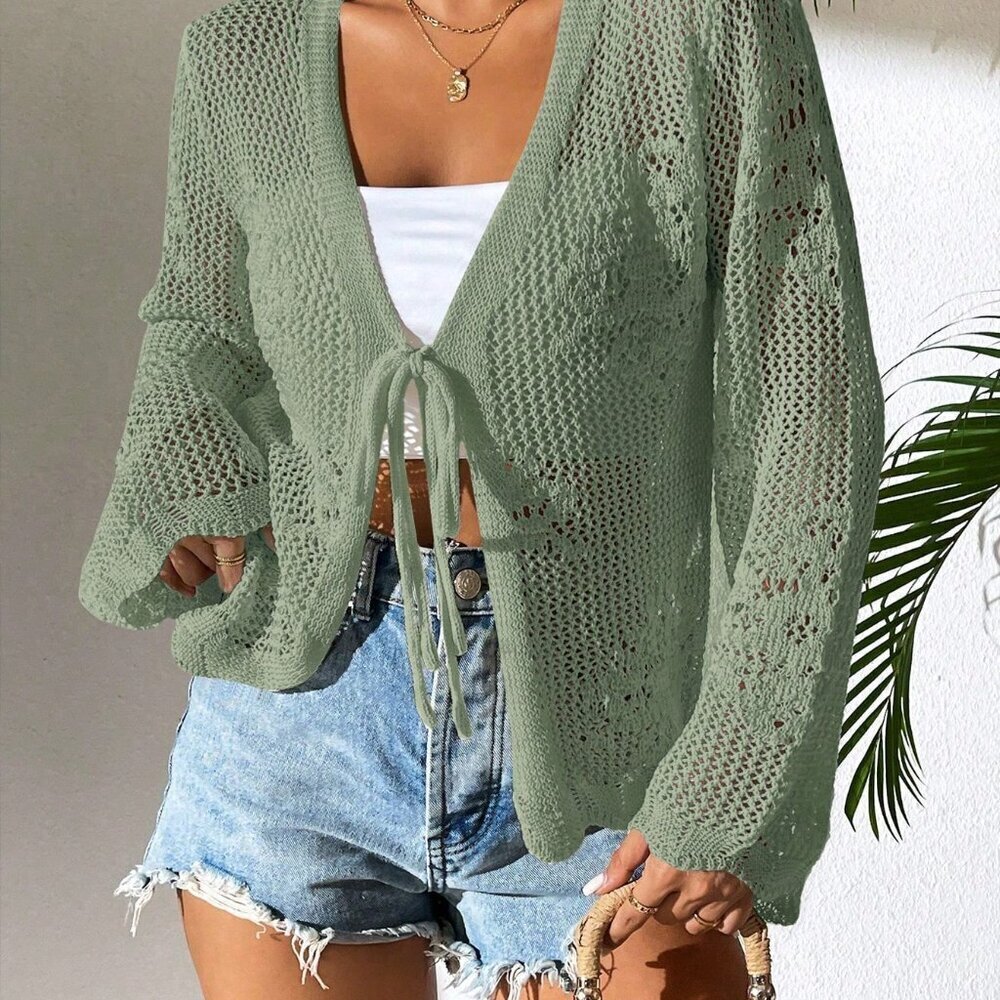 Green Casual Women's Knit Tie Front Cardigan